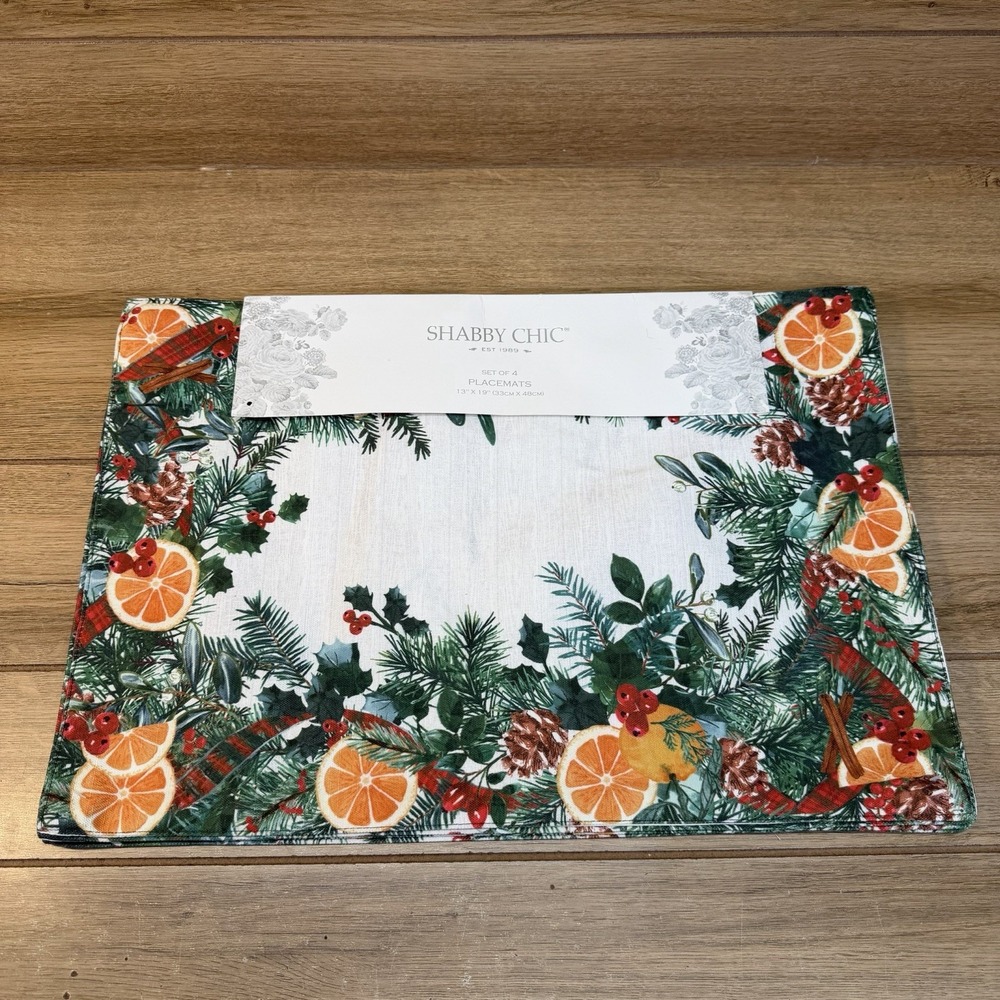 Shabby Chic Holiday Christmas  Placemats Set Of 4 Cottagecore Holly Oranges Pine